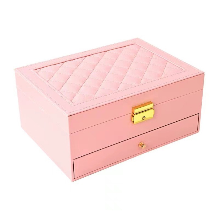 Кутия за бижута YISYNIM, 2 слоя, розова, 20x15x4,5 см