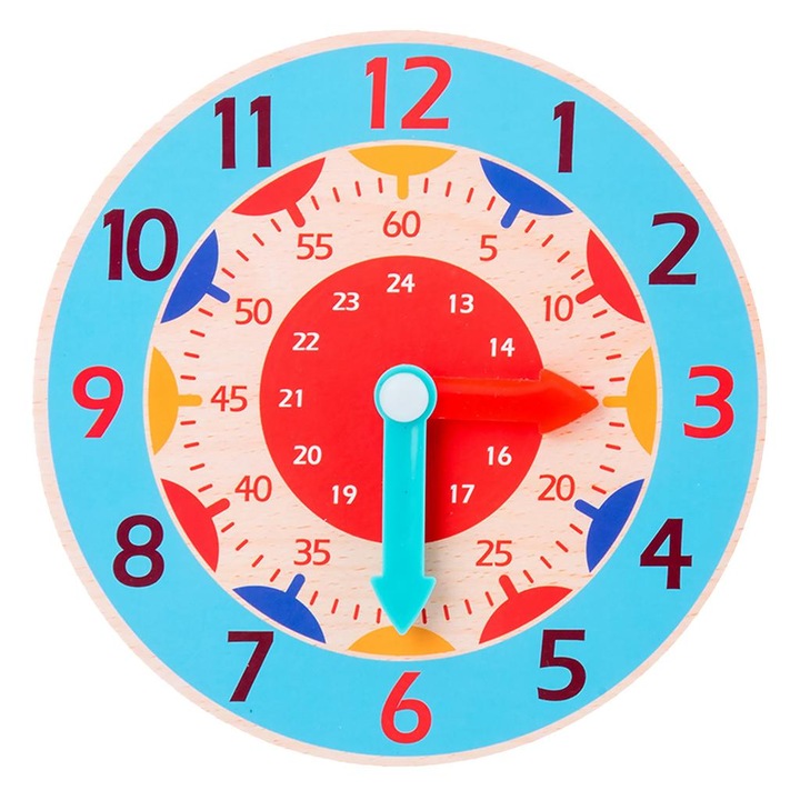 Oktató faóra, gyerekjáték, óra perc másodperc, arab számok, kék-piros, 14 cm