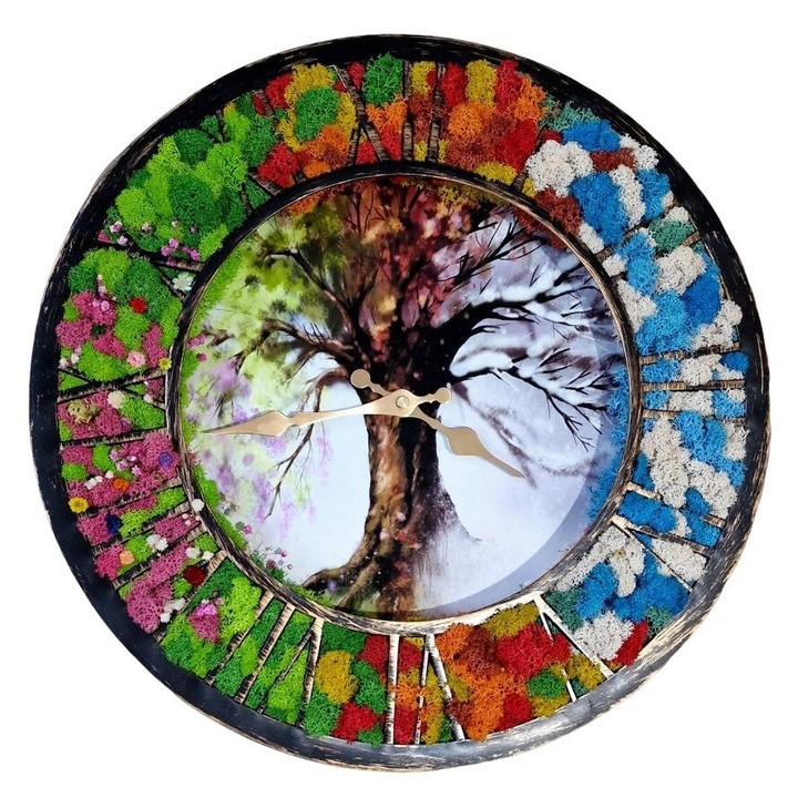 Decoratiune ceas cu licheni naturali stabilizati si alte flori uscate, multicolor, decor cele 4 anotimpuri, 40 cm