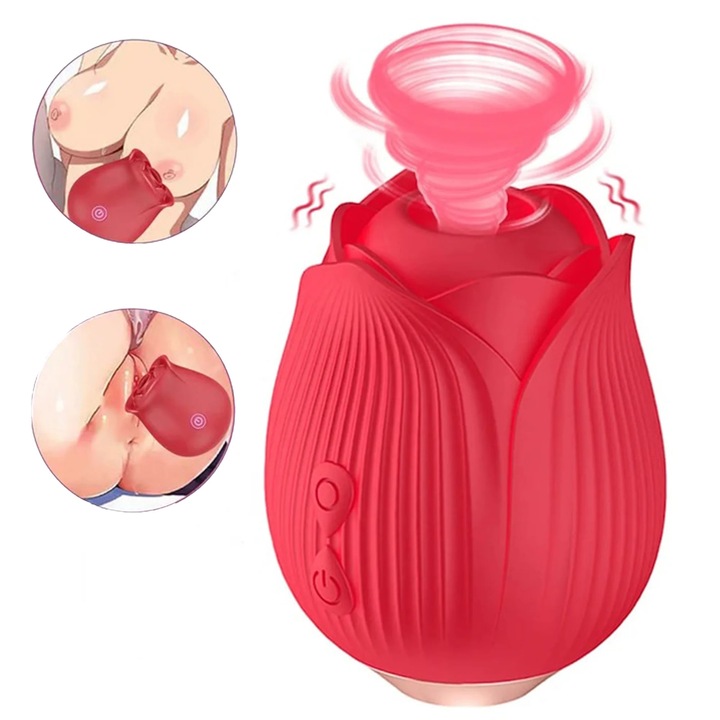 Vibrator Obsessia® RedRose, cu 10 moduri de vibratie diferite, functie de suctiune, pentru stimularea sanilor si a clitorisului, design discret, rezistent la apa, rosu, reincarcabil prin cablu usb