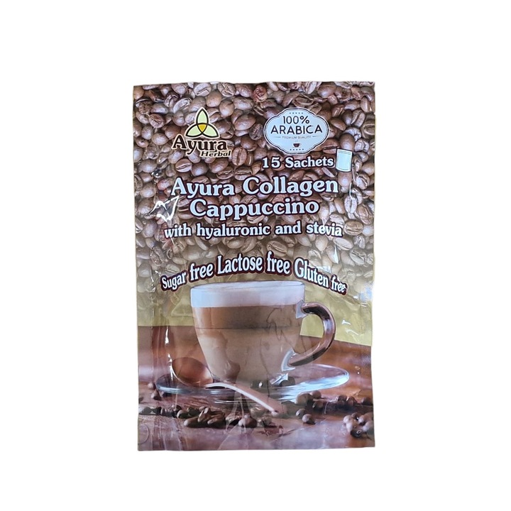 Cappuccino instant cu Collagen si Hyaluron- fara zahar, fara gluten, fara lactoza -100%arabica/ 15 pliculete-15g Ayura