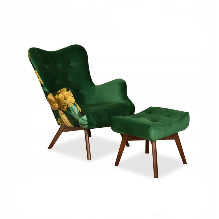 Fotoliu cu suport picioare, Model Luna Print Duo, Scandinav, FamilyMeble, 100x78x87 cm, Catifea/Lemn, Verde