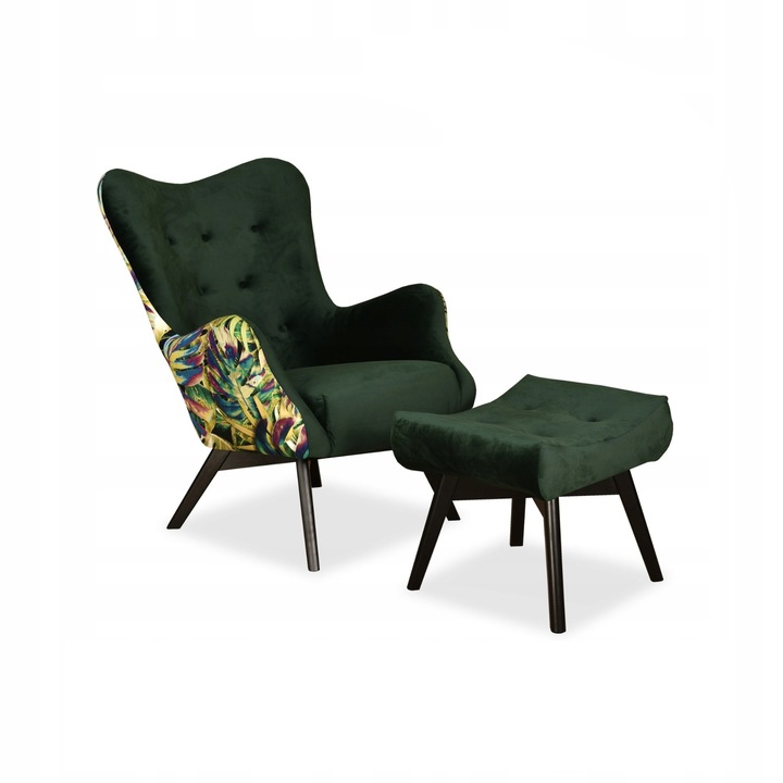 Fotoliu cu suport picioare, Model Luna Print Duo, Scandinav, FamilyMeble, 100x78x87 cm, Catifea/Lemn, Verde inchis