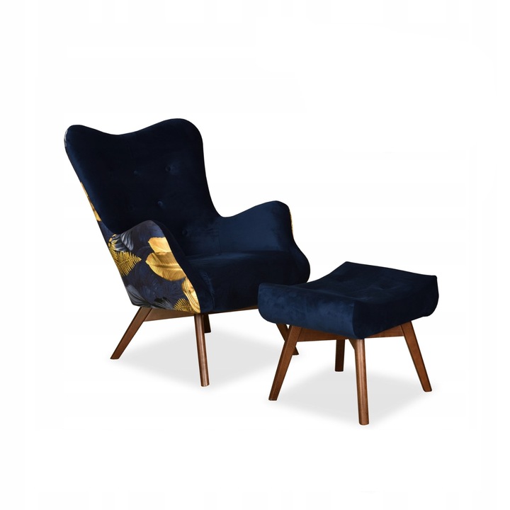 Fotel lábtartóval, Model Luna Print Duo, skandináv, FamilyMeble, 100x78x87 cm, bársony/fa, kék
