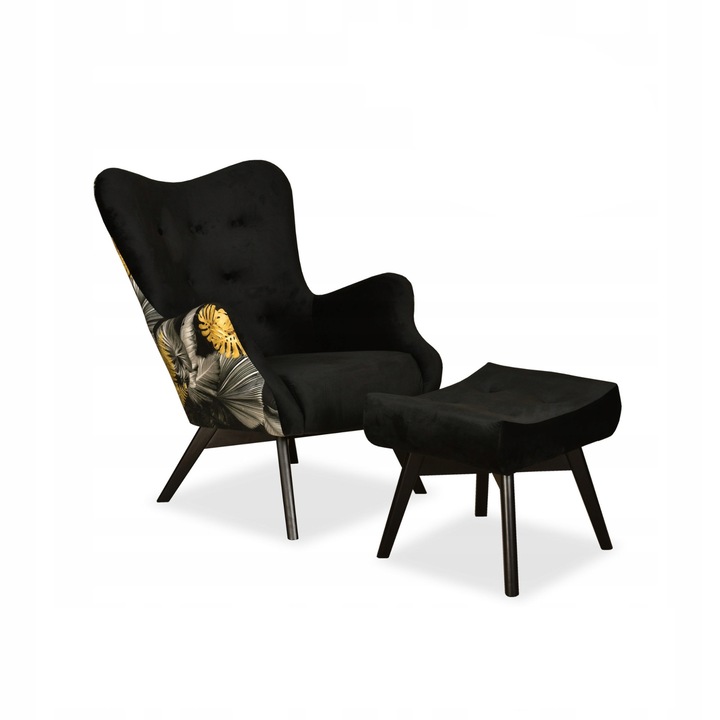Fotel lábtartóval, Model Luna Print Duo, skandináv, FamilyMeble, 100x78x87 cm, bársony/fa, fekete