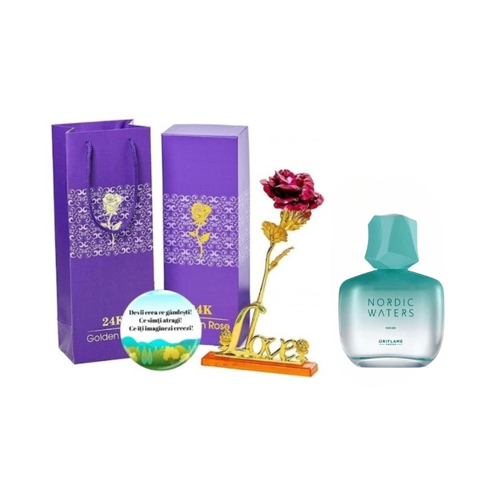 Set complet pentru Ea, Apa de parfum Nordic Waters 50 ml, insotit de insigna Dactylion cu mesaj motivational si un trandafir rosu suflat la baza cu aur, Dactylion®