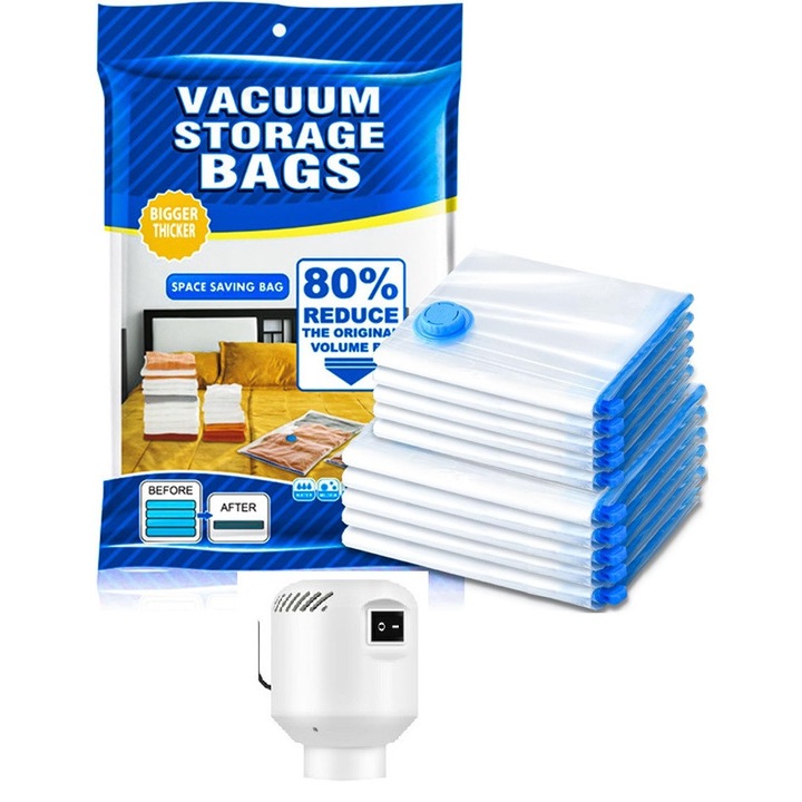 Set organizatoare pentru haine cu pompa electrica, 10 saci vidat, multicolor, 40x60cm, 50x70cm, 60x80cm, 70x100cm