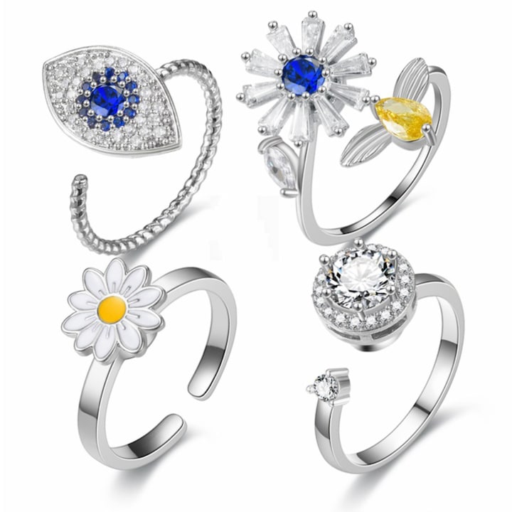 Set 4 inele YISYNIM, , zirconiu, titan, auriu/argintiu, ajustabile