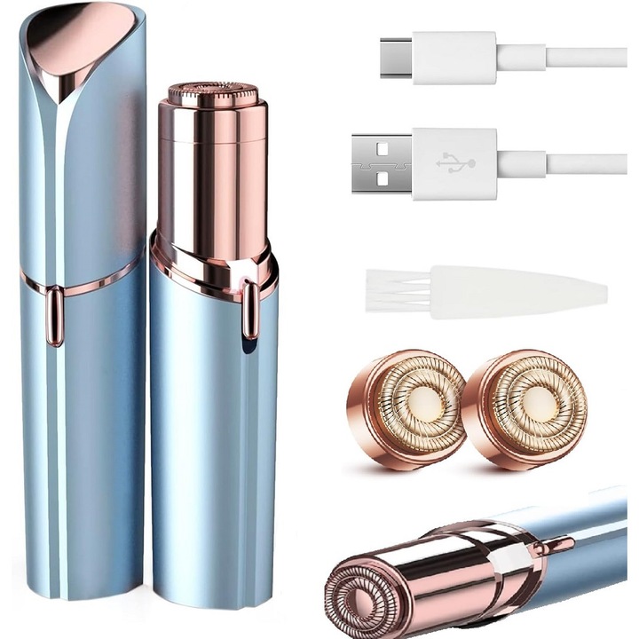 Електрически епилатор за лице, преносим, USB акумулаторен, син, с 2 глави за смяна