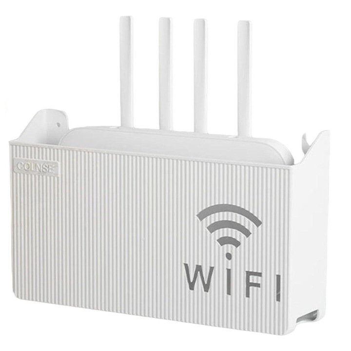 Raft de perete pentru router, Plastic, cu design perforat, Alb, cu suport cablu