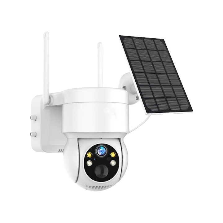 4MP, PTZ, Wi-Fi IP охранителна камера, соларна, захранвана от батерии, iCSee приложение, ръчна комуникация, цветно нощно виждане, AI интелигентен, автоматично проследяване на движение, бял
