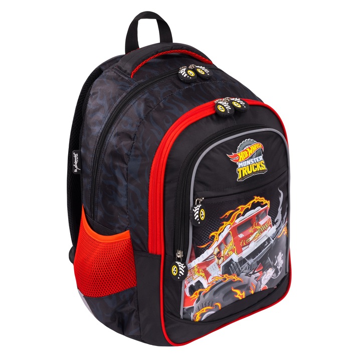 Rucsac pentru baieti, St.Majewski, Hot Wheels, Poliester, 4 compartimente, 40 x 28 x 18 cm, Negru/Rosu