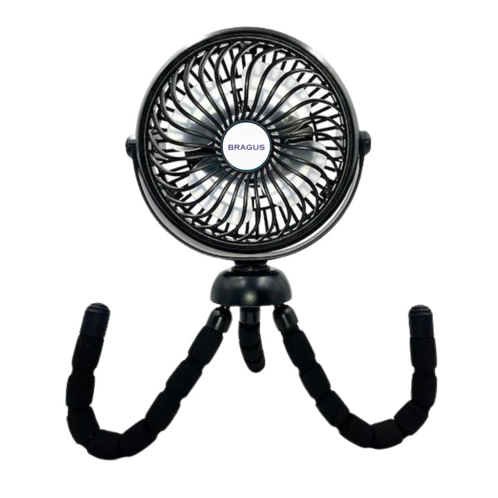Hordozható ventilátor USB töltéssel és állvánnyal kempingezéshez, íróasztalhoz vagy babakocsihoz, 3 sebességfokozat, 2600mAh, akár 8 órás használat, ABS, BRAGUS, Fekete