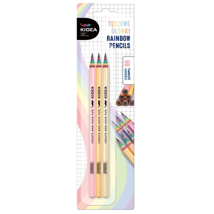 3 db-os ceruza készlet, Kidea, Szivárvány hegy, HB grafit, Pasztell