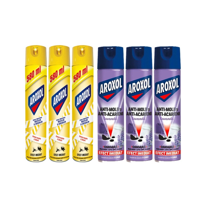 Set 6 x Spray Insecticid Aroxol Variety, 3 x Anti-Tantari si Anti-Muste 580ml, 3 x Antimolii 250ml efect de lunga durata, actiune rapida, aplicabilitate usoara, eliminare totala daunatori, minimizeaza mirosul