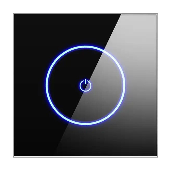 Okos kapcsoló Bluetooth és WIFI Tuya támogatással, egy kimenettel, érintőképernyős vezérléssel, Alexa vagy Google Home alkalmazásokon keresztül vezérelhető és programozható, ahol hangvezérlés is lehetséges. LED hangulatfény. Karcolásálló üveg. 10 Amper