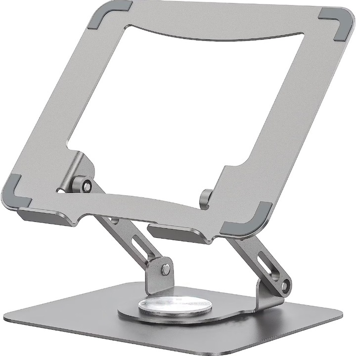Suport laptop cu baza rotativa la 360 grade, inaltime ajustabila si unghiuri multiple, pliabil, portabil, antialunecare,10-15,6 inci, gri argintiu