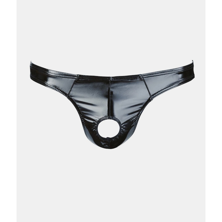 Set accesorii BDSM, Slip negru lucios, poliester cu elastan, XL