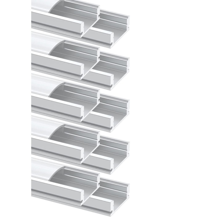 Set 10 Profile de colt pentru benzi LED, forma de U, 1 metru, Chesbung, cu capac opal alb, Argintiu
