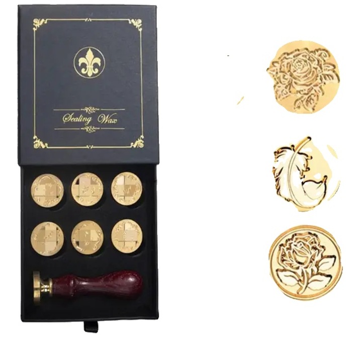 Set de stampile cu Ceara Retro, 6 Capete de Cupru + Maner Lemn, Clamshell, Multicolor, 125x105x40mm