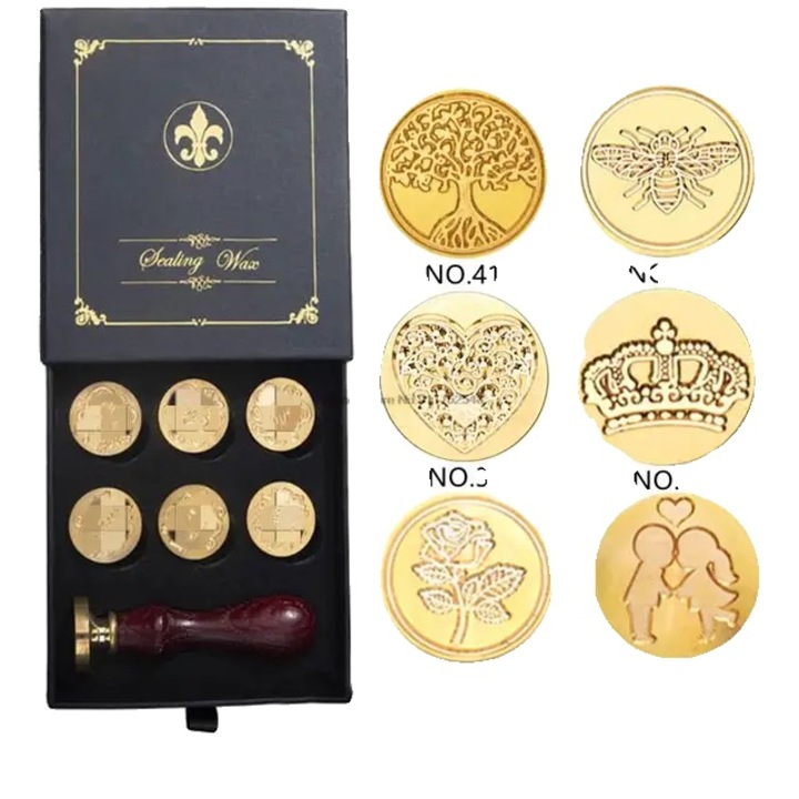 Set de Sigilii cu Ceara Retro, 6 Capete de Cupru + Maner Lemn, Clamshell, Multicolor, 125x105x40mm