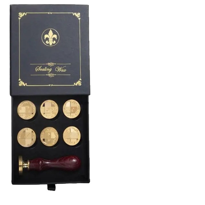 Set de Sigilii cu Ceara Retro, 6 Capete de Cupru + Maner Lemn, Clamshell, Multicolor, 125x105x40mm
