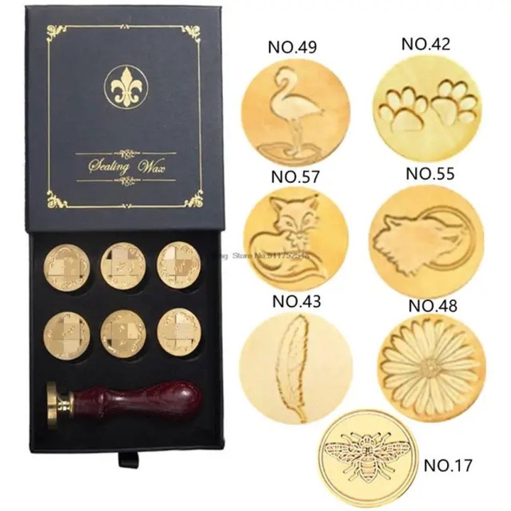 Set Stampila cu Ceara, Alama / Lemn, Tematica Botanica, 7 Capete, 125 x 105 x 40 mm, Auriu / Maro inchis