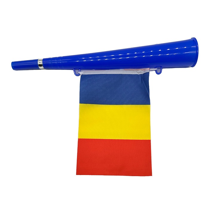 Vuvuzela cu Steag Tricolor "Hai Romania", 36cm, Euro 2024, albastru, VisionXXI