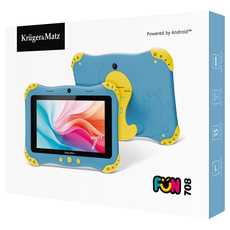 Tableta copii Kruger&Matz FUN 708 KM0708-BL, Procesor ARM-Cortex A53 Quad-Core, Ecran IPS 7", 3GB RAM, 32GB Flash, 2MP, Wi-Fi, Bluetooth Albastru