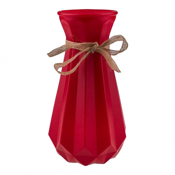 Vaza din plastic cu striati si fundita, 12x23 cm rosu