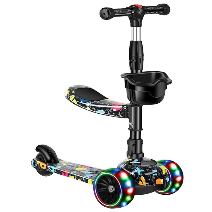 Gyerek roller/robogó üléssel, átalakítható 2 az 1-ben, LED fényű kerekekkel, 3-8 éves korig, 80 kg-ig, dönthető kormány, csúszásmentes felület, Többszínű