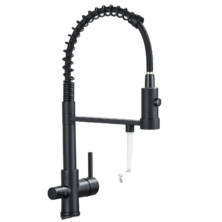 3 az 1-ben konyhai csaptelep, vízszűrő, 360 forgás, matt fekete, magasság 41 cm
