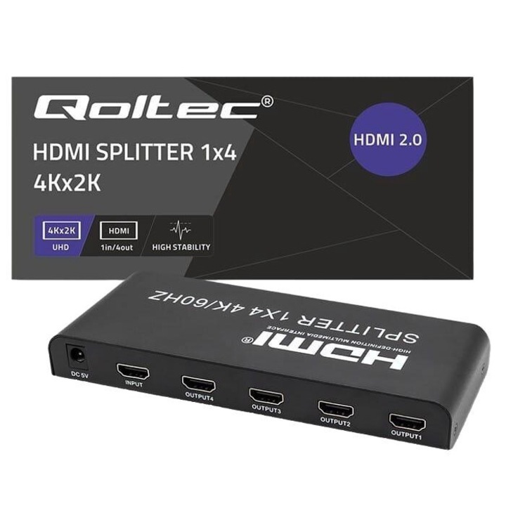 HDMI сплитер, Qoltec, 4K, 4 порта, 178 x 67 x 21 mm, черен