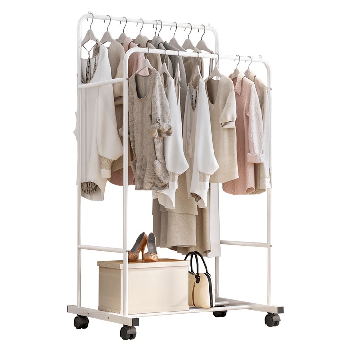 Suport pentru haine DacEnergy©, realizat din metal, 2 bare pentru umerase, raft, roti, greutate sustinuta 22 kg, 80 x 51 x 160, alb