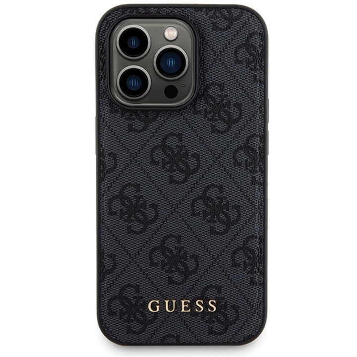 Tok és Powerbank készlet GUESS 4G fém arany logóval, ökobőr, kompatibilis iPhone 14 Pro 6.1" fekete