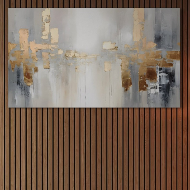 Tablou Canvas Premium, LuxCanva® A1652, Gold And Grey, 70 X 120 CM, Panza Bumbac 100% 400g/m2, Sasiu Lemn, Room, Decorativ, Cromatic, Abstract, Living, Culori Vibrante