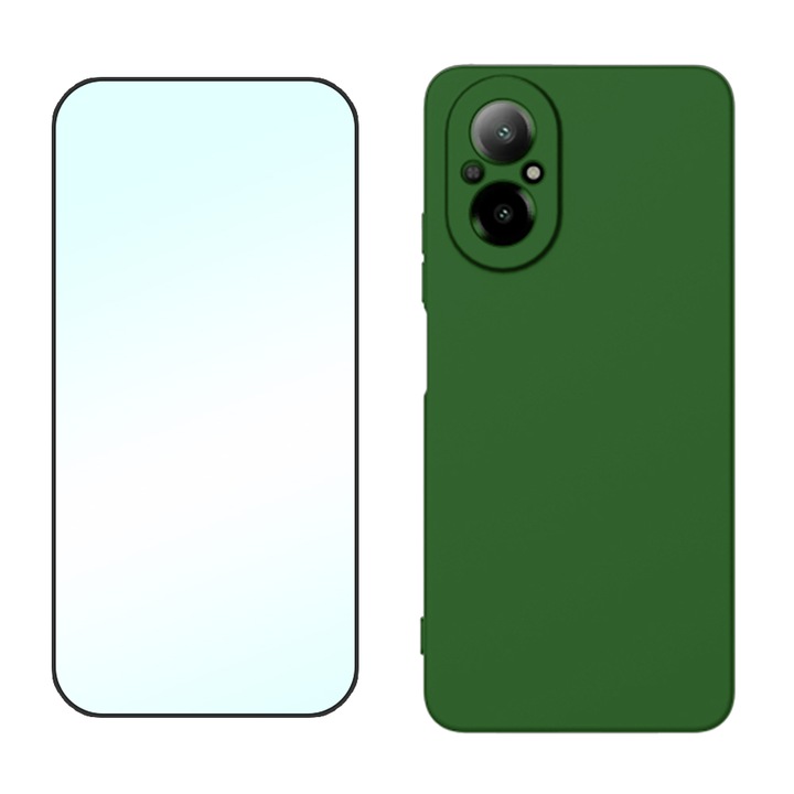 5D Secure üvegfólia készlet, kristálytiszta, teljes burkolat és sima szilikon védőburkolat mikroszálas Realme C67 4G-hez, OPTIM MEGOLDÁS, ultravékony, kiváló minőségű puha anyag, tapadásgátló, prémium szálas bélés, egyedi stílusos kialakítás, zöld