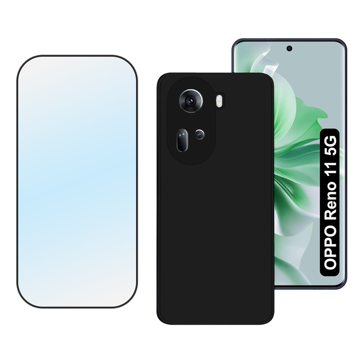 5D Secure Glass fólia készlet, kristálytiszta, teljes burkolat és sima szilikon védőtok mikroszálas Oppo Reno11-hez, OPTIM SOLUTION, ultravékony, kiváló minőségű puha anyag, tapadásgátló, prémium szálas bélés, egyedi stílusos kialakítás, fekete