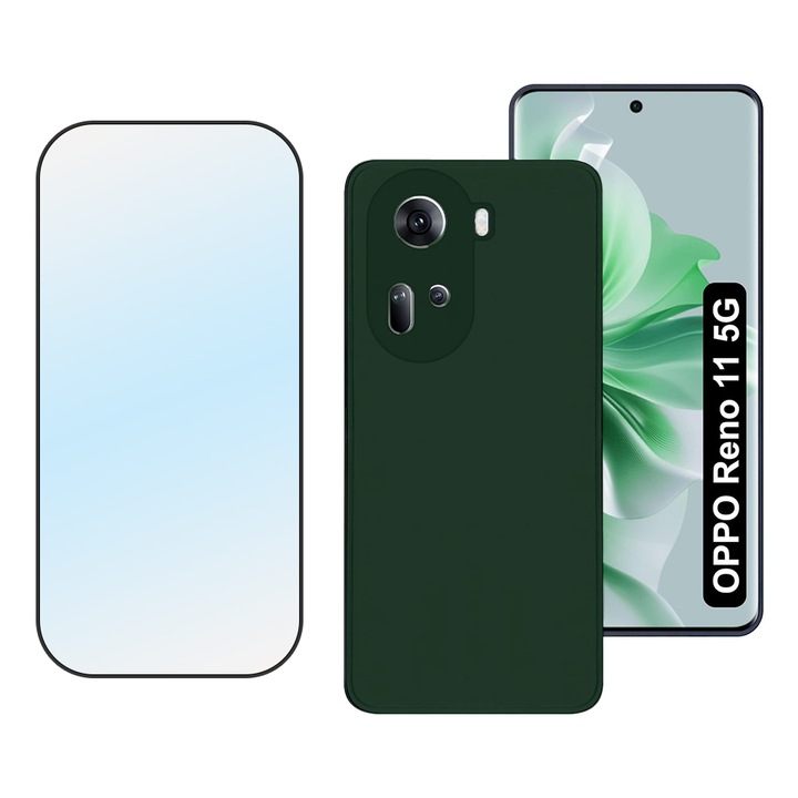 5D Secure Glass fólia készlet, kristálytiszta, teljes burkolat és sima szilikon védőtok mikroszálas Oppo Reno11-hez, OPTIM SOLUTION, ultravékony, kiváló minőségű puha anyag, tapadásgátló, prémium szálas bélés, egyedi stílusos kialakítás, zöld