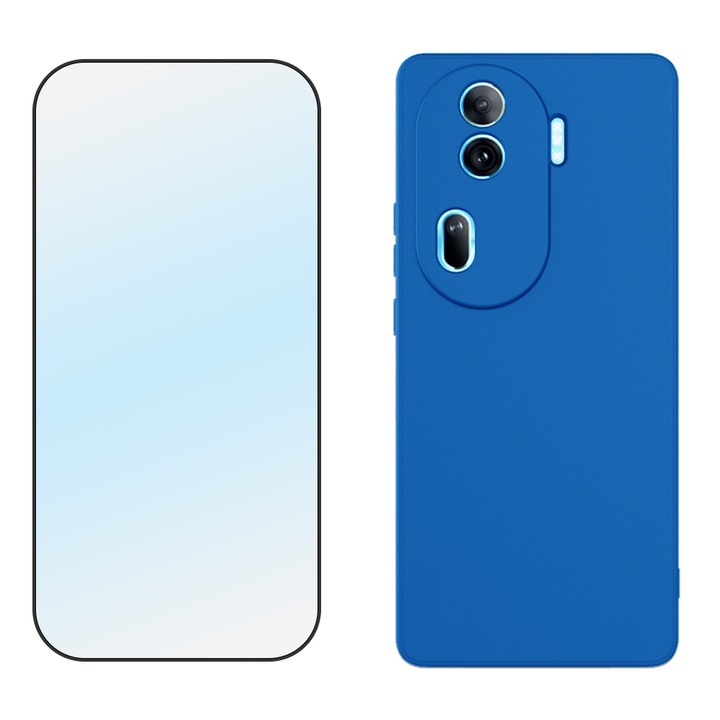 5D Secure Glass fólia készlet, kristálytiszta, mindenhol fedő és sima szilikon védőtok mikroszálas Oppo Reno11 Pro-hoz, OPTIM MEGOLDÁS, Ultra vékony, kiváló minőségű puha anyag, prémium szálas bélés, egyedi stílusos design, kék