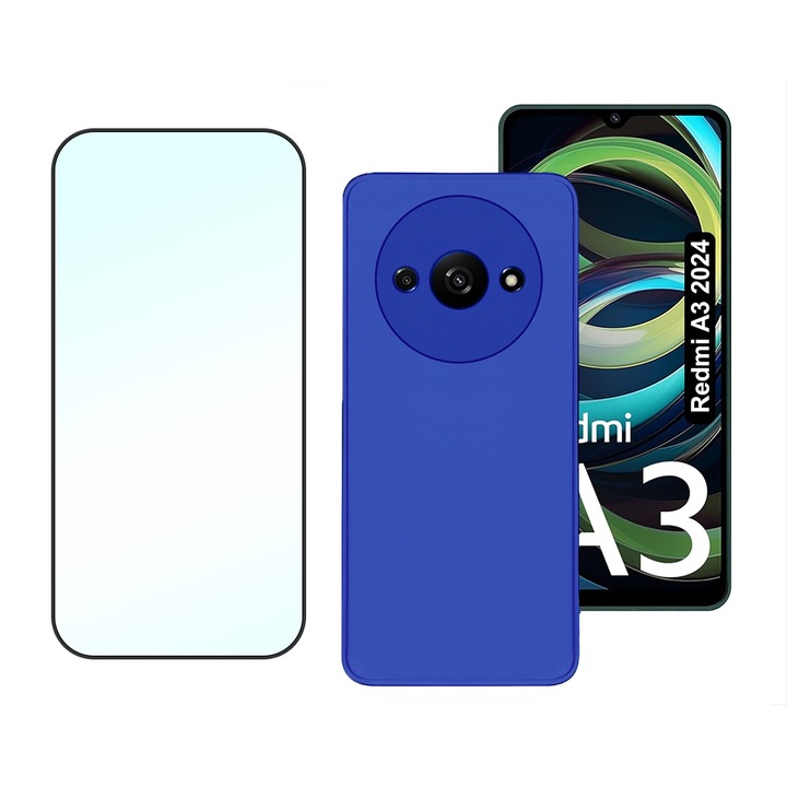 5D Secure Glass fólia készlet, kristálytiszta, teljes burkolat és sima szilikon védőtok mikroszálas Xiaomi Redmi A3-hoz, OPTIM MEGOLDÁS, ultravékony, kiváló minőségű puha anyag, prémium szálas bélés, egyedi stílusos design, kék