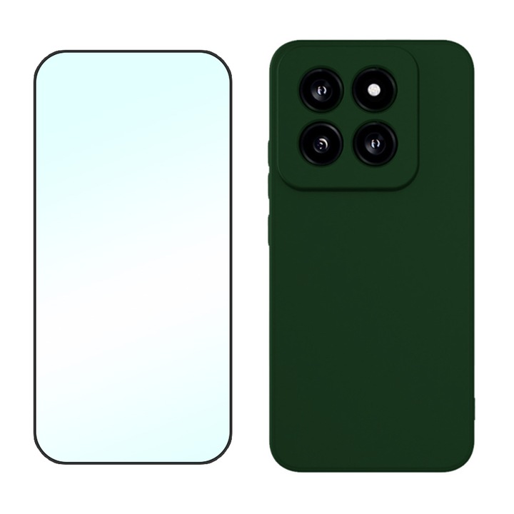 5D Secure Glass fólia készlet, kristálytiszta, teljes burkolat és sima szilikon védőtok mikroszálas Xiaomi 14 Pro készülékhez, OPTIM MEGOLDÁS, Ultra vékony, kiváló minőségű puha anyag, prémium szálas bélés, egyedi stílusos design, zöld