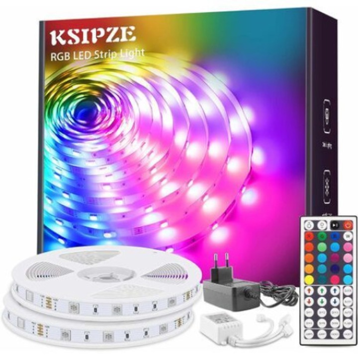 LED szalag, QttvbTna, 44 infravörös gomb, 20 szín, 6 mód, 10m, 124x56x6mm, többszínű