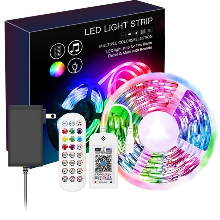 QttvbTna LED szalag, 20M, RGB 5050, alkalmazásvezérlés és infravörös távirányító, IP20/IP65, 14.4W/m, 190x190x60mm