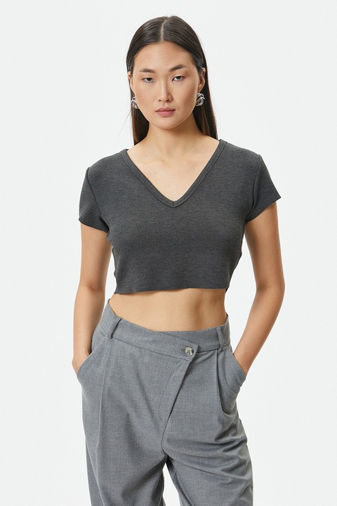 KOTON, Tricou crop cu decolteu in V, Gri inchis melange