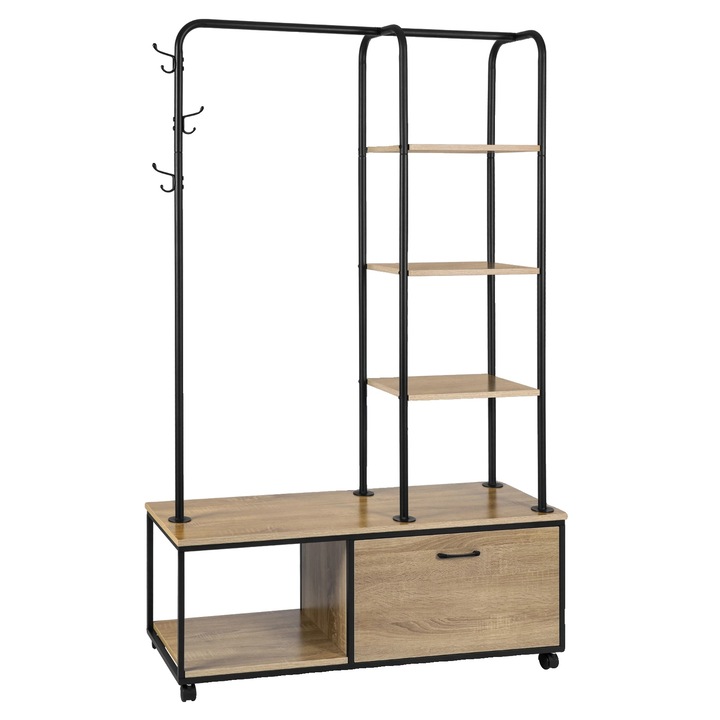 Többfunkciós fogas kerekekkel, 5 polc, 3 kampó, Világos tölgy/fekete, 110x160x37,5cm
