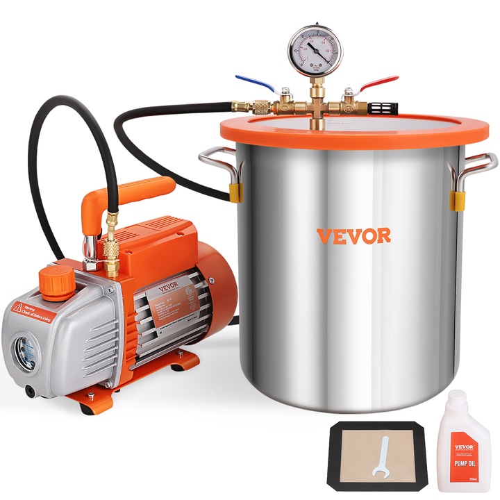 Вакуумна камера и комплект помпа, VEVOR, 5 галона, 3,5 CFM, меден мотор, 150 W, многофункционален