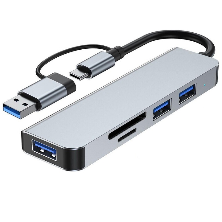 USB 3.0 5-в-1 хъб, JESWO®, Пренос на данни, Мултифункционален, SD/TF, Алуминий, Идеален за лаптопи, компютри, Xbox, PS4 и мобилни устройства