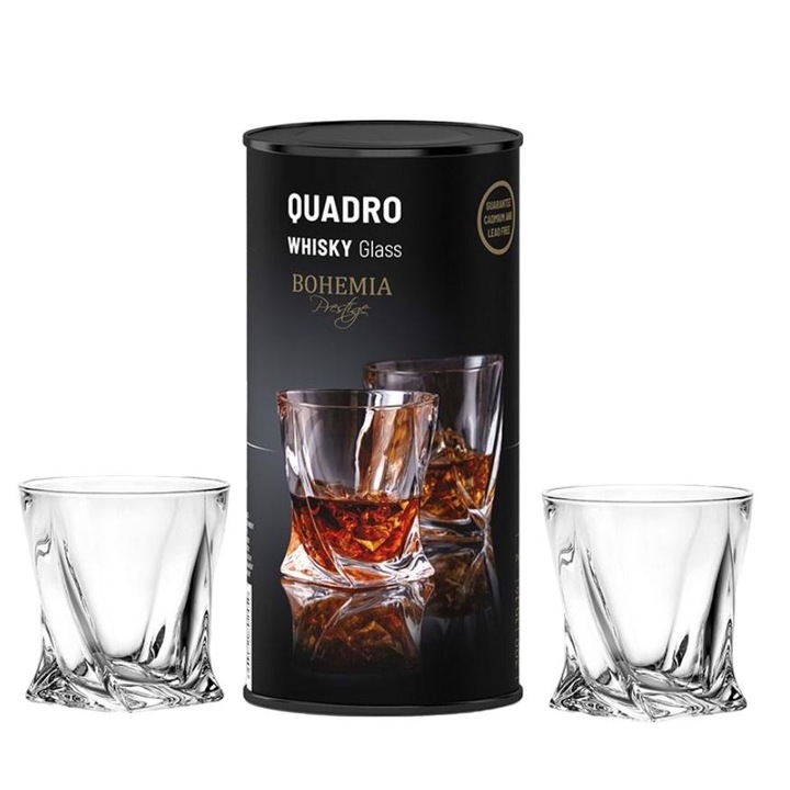 Set 2 pahare whisky, Bohemia, Prestige Quadro, Sticla, 340 ml, Transparent