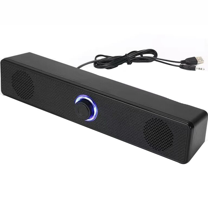 Gaming soundbar, Bluetooth 5.0, 3W*2, USB, 3,5 mm-es jack, háromdimenziós térhangzás, 15°-os ferde kialakítás, alkalmas számítógépekhez, mobiltelefonokhoz, TV-khez, táblagépekhez, hangszerekhez, játékkonzolokhoz és egyéb eszközökhöz, fekete